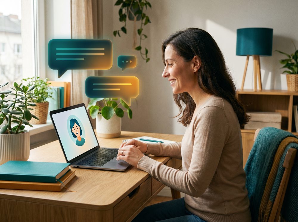 Student using an AI chat language tutor on a laptop for conversation practice