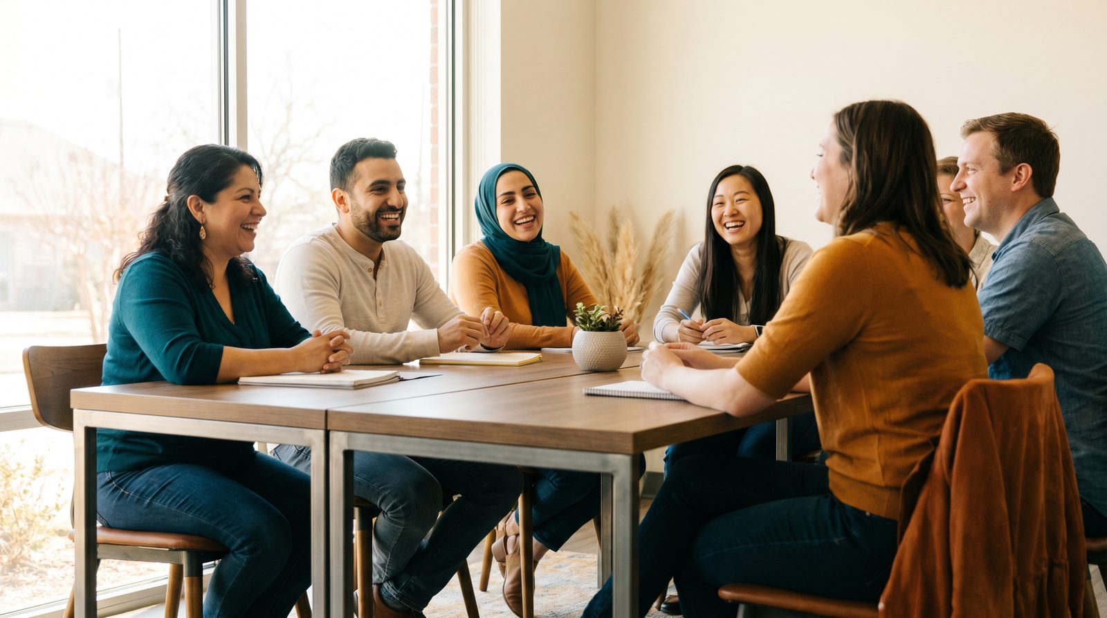 Adult language students learning and practicing conversation together in a bright Dallas classroom